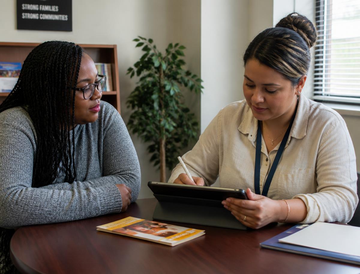 Case manager meeting with a participant and taking notes on a laptop