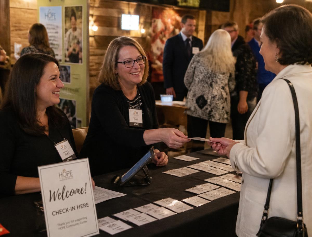 Volunteers checking in guests at a nonprofit community event