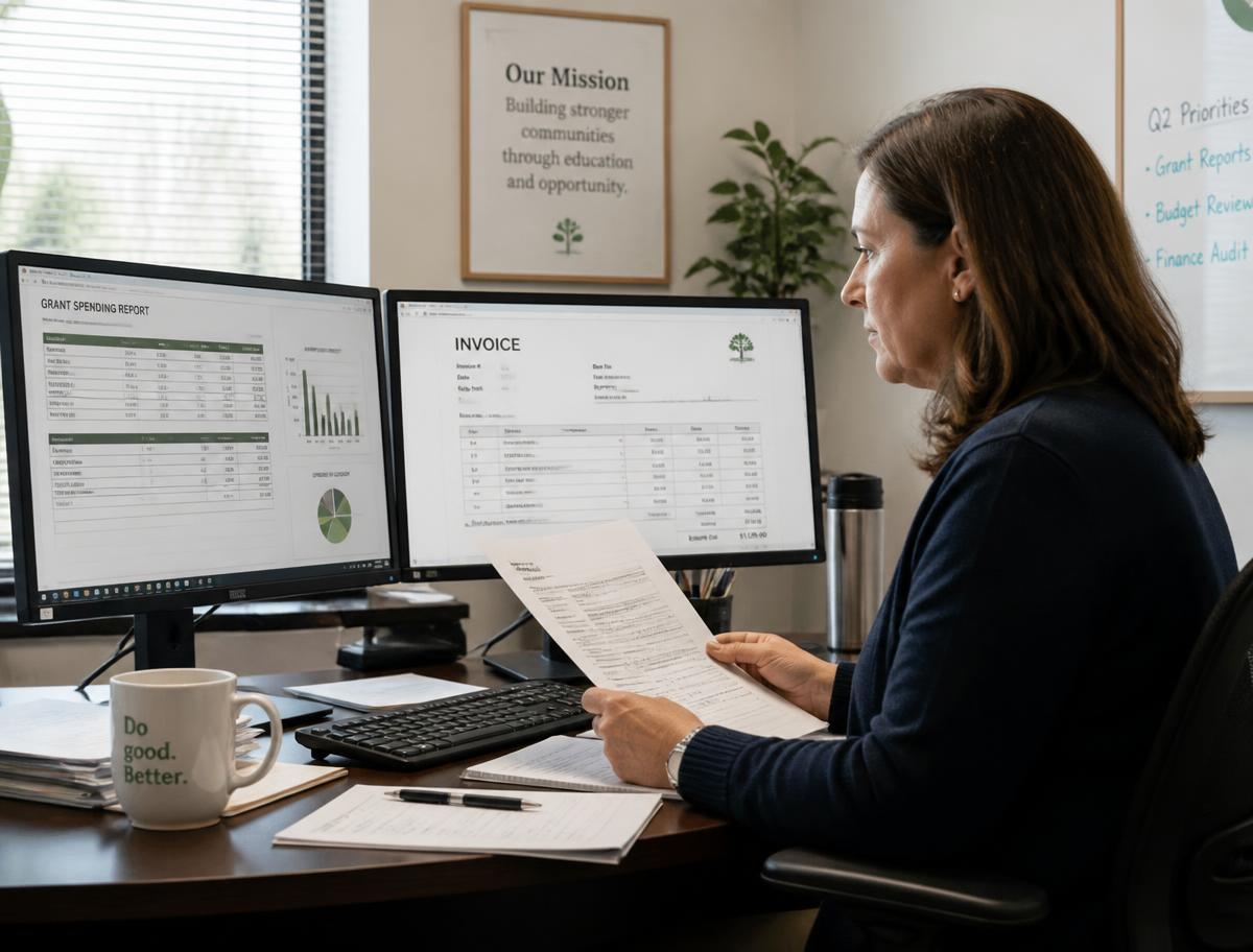 Finance director reviewing grant and fund reports on a monitor