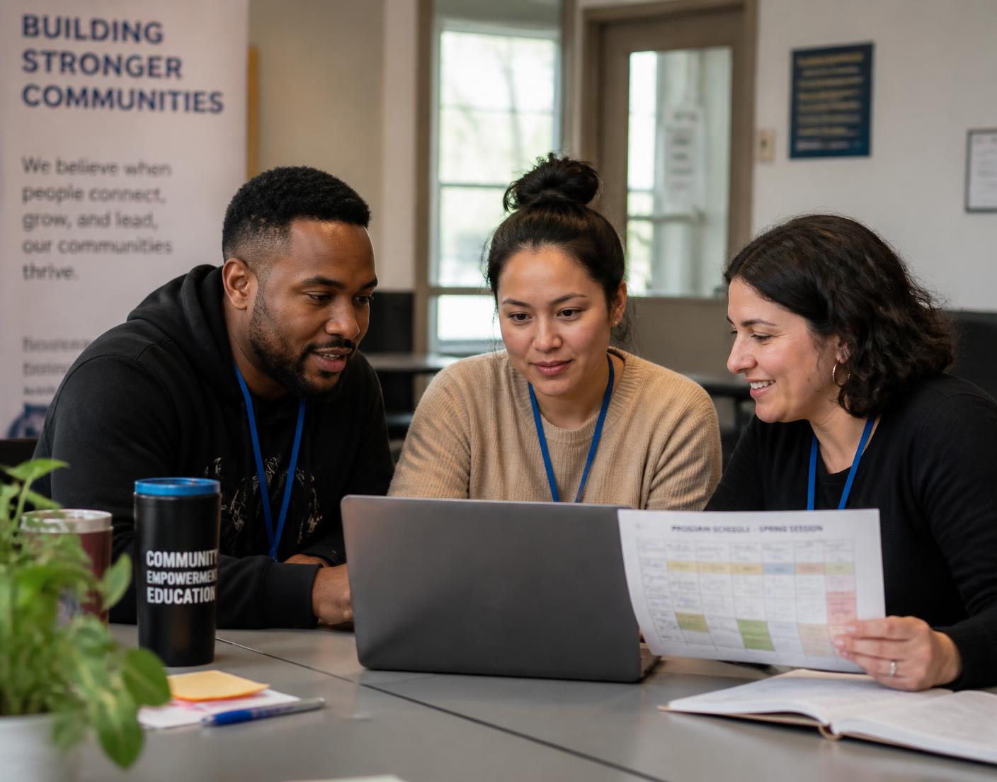 Nonprofit program staff reviewing participant records together at a table